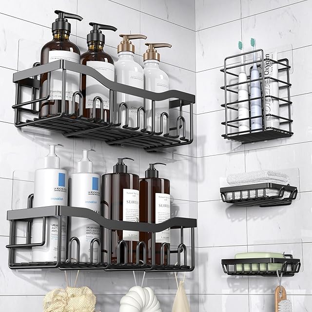 Adhesive Shower Caddy, 5 Pack Rustproof Stainless Steel Bath Organizers With Large Capacity, No Drilling Shelves for Bathroom Storage & Home Decor-XL Size