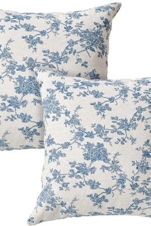 AVOIN colorlife Chinoiserie Grandmillennial Bule White Flower Fall Throw Pillow Covers 18 x 18 Inch Set of 2, Sateen Breathable Cushion Case on Sofa Couch Soft for Quality Sleep