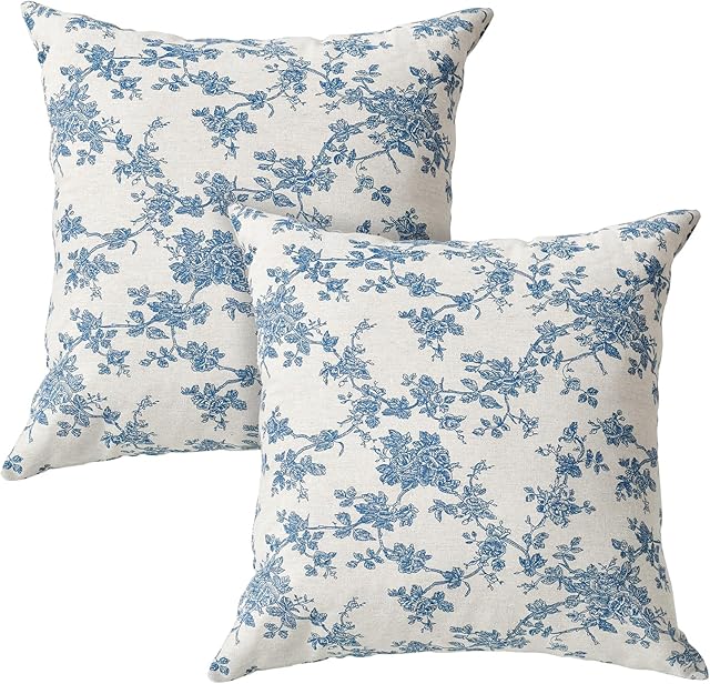 AVOIN colorlife Chinoiserie Grandmillennial Bule White Flower Fall Throw Pillow Covers 18 x 18 Inch Set of 2, Sateen Breathable Cushion Case on Sofa Couch Soft for Quality Sleep