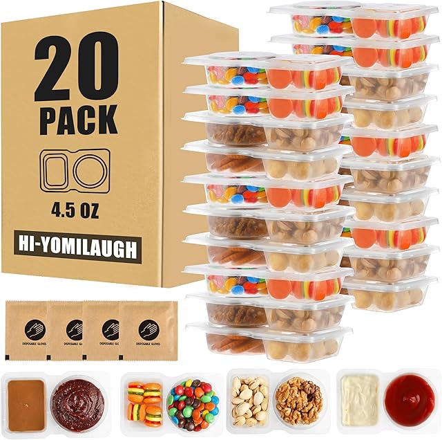 20 Sets Reusable Snack Containers with Lids, BPA-Free Double Compartment Condiment Storage, Leakproof Dipping Cups for Meal Prep, Portion Control, Travel & Outdoor Use (20)