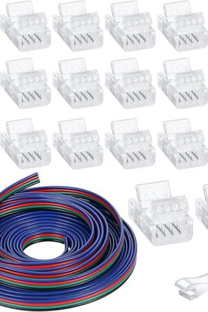 Zhengmy 20 Pack 4 Pin 10mm Solderless LED Strip Connector Transparent Track Lighting LED Pin Connectors with Wire Strip 16.4ft for 5050(4 Pin, 10 mm)