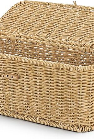 Wicker Storage Basket With Lid, Toilet Paper Basket For Toilet Tank, Pads And Tampon Holder For Bathroom, Rectangular Woven Kitchen Organizer, Home Decorative Storage Box