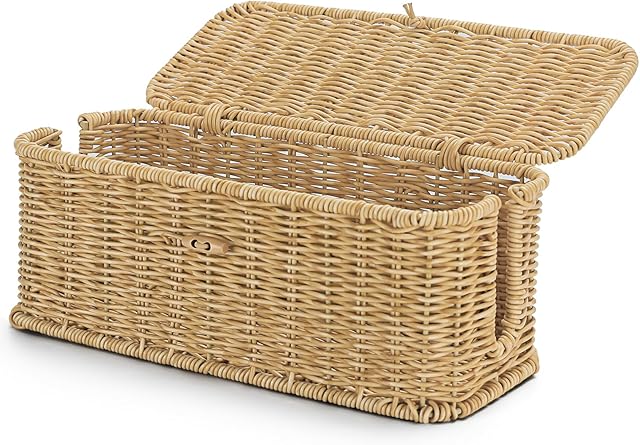Wicker Storage Basket With Lid, Toilet Paper Basket For Toilet Tank, Pads And Tampon Holder For Bathroom, Rectangular Woven Kitchen Organizer, Home Decorative Storage Box