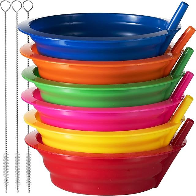 Cereal Bowls with Straws for Kids - (Set of 6 - 20-Ounce Bowls) BPA-Free Plastic Reusable Built-In Straw Bowl for Kids, Children & Toddlers, Dishwasher and Microwave Safe, Includes 3 Cleaning Brushes