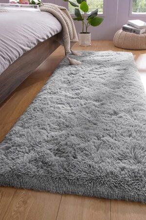 YJ.GWL Shag Runner Rug Non Slip for Bedroom Living Room Soft Small Rugs for Dorm, 2x6 Feet Grey Plush Carpet Runner for Nursery Dorm, Fuzzy Bedside Rug for Kids Boys Girls Room Home Decor
