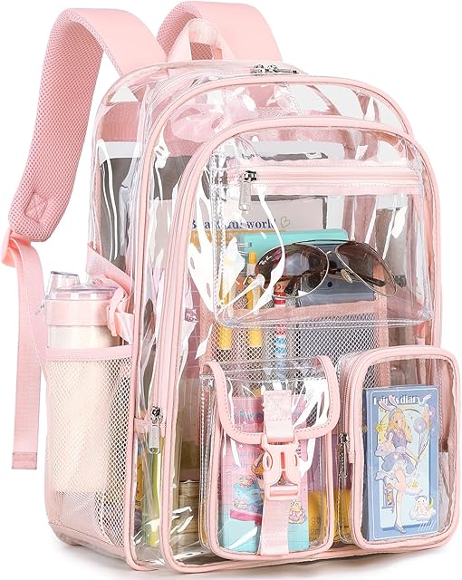 abshoo Large Clear Backpack For Girls Women School Bookbag Heavy Duty Transparent Backpack (Pink)