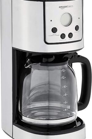 Amazon Basics Programmable Coffeemaker with Carafe and Reusable Filter, Stainless Steel, 12 Cups, Black