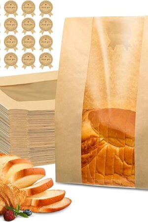 50 Pcs Bread Bags for Homemade Bread, Sourdough Paper With Window, 50% Thicker 13.7x8.2x3.7in A Large Bakery Bags Used for Storage Cookies & Snacks, 60 Cute Sealing Stickers With Ties