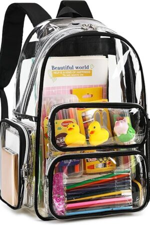 CAMTOP Clear Backpack Heavy Duty Transparent Bag See Through BookBag for Student School Work Festival Sport Travel (Black)