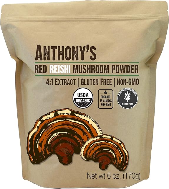 Anthony's Organic Red Reishi Mushroom Extract Powder, 6 oz, 4to1 Extract, Gluten Free, Non GMO