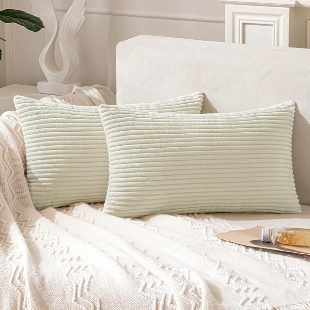ANRODUO Pack of 2 Cream White Throw Pillow Covers with Corduroy Lumbar Pillow Decorative 12x20 Cute and Soft Boho Throw Pillows Decorative Pillows Covers for Bed Couch Sofa Living Room Fall Decor