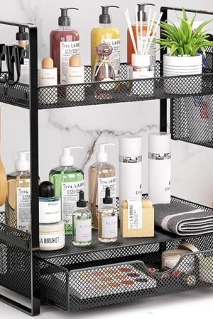 VITVITI 2 Tier Bathroom Organizer Countertop with Drawer, Metal Mesh Bathroom Counter Vanity Organizer Storage, Bath Room Shelf Sink Kitchen Spice Rack with Basket Hooks, Black