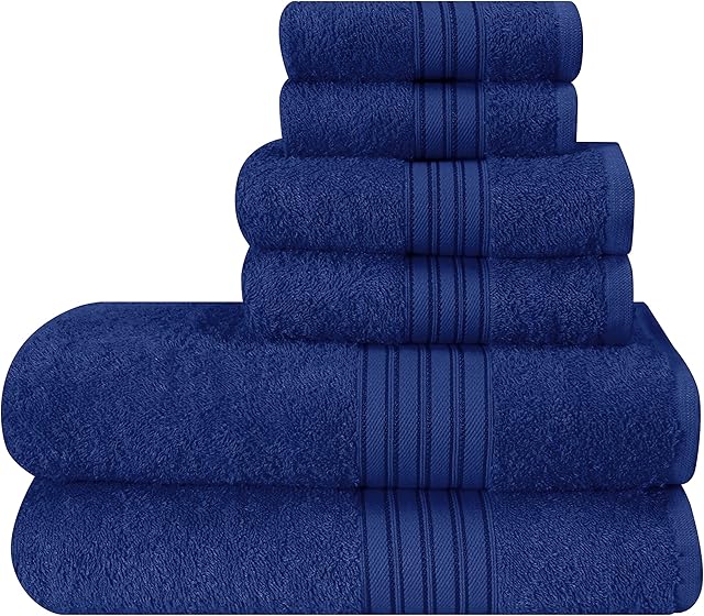 BOUTIQUO 6 Pack Cotton Towel Set, Contains 2 Bath Towels 28x55 inch, 2 Hand Towels 16x24 inch & 2 Wash Coths 12x12 inch, Ideal Everyday use, Ultra Soft Compact & Lightweight - Navy Blue