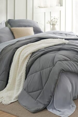 Bedsure Queen Comforter Set - 7 Pieces Reversible Grey Bedding, Queen Size Bed Set for All Seasons, Bed in a Bag with Down Alternative Comforter, Sheets, Pillowcases & Shams