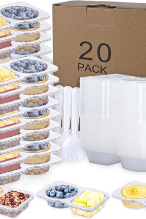 20 Pack Reusable Snack Containers with Lids - Double Compartment Sauce Cups with 20 Forks, Microwave Safe Portion Control Containers for Meal Prep, Take-out, Party & Travel