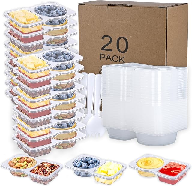 20 Pack Reusable Snack Containers with Lids - Double Compartment Sauce Cups with 20 Forks, Microwave Safe Portion Control Containers for Meal Prep, Take-out, Party & Travel