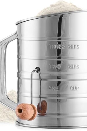 Zulay 3 Cup Stainless Steel Flour Sifter - Fine Mesh Rotary Hand Crank Flour Sifter with Agitator Wire Loop For Baking Cakes, Pastries, Pies, Cupcakes and Desserts