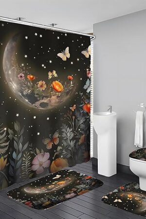 Black Moon Shower Curtain Set 4 Pcs With Rugs and 12 Hooks - Bathroom Decor Set