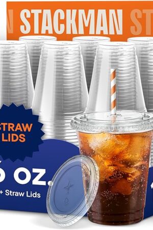 100 Sets 16 oz Clear Plastic Cups with Straw-Slot Lids, PET Crystal | BPA Free | Crack Resistant | Durable Cup | Disposable Cups with Lids | For Coffee, Juice, Shakes