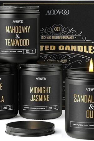 AOOVOO Scented Candles for Men - 4 Pack Candles for Home Scented, 36oz Soy Wax, 200 Hour Burn Time, Men Candle Set, Sandalwood Oud/Mahogany Teakwood/Smoke Vanilla/Jasmine Candle Set A
