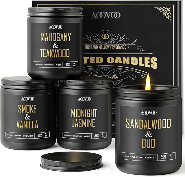AOOVOO Scented Candles for Men - 4 Pack Candles for Home Scented, 36oz Soy Wax, 200 Hour Burn Time, Men Candle Set, Sandalwood Oud/Mahogany Teakwood/Smoke Vanilla/Jasmine Candle Set A