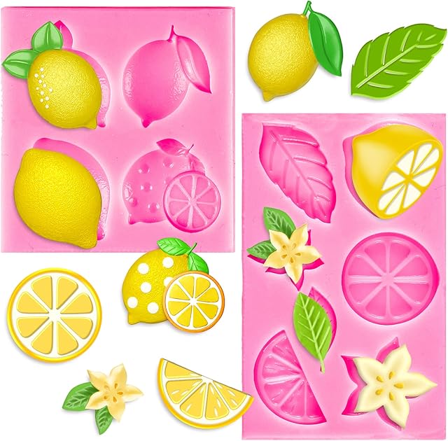 Whaline 2 Pack Mini Lemon Fondant Molds Summer Fruit Flower Silicone Candy Chocolate Mould Lemon Slices Resin Mold for Soap Baking Cake Cupcake Topper Decoration DIY Crafts Supplies