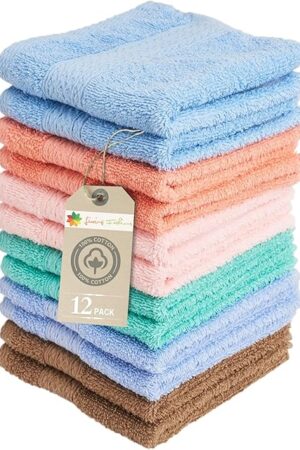 Washcloths Set of 12, Size 13" x 13" Thick Loop Pile Washcloth, 100% Ring-Spun Cotton Wash Cloth Face Towel