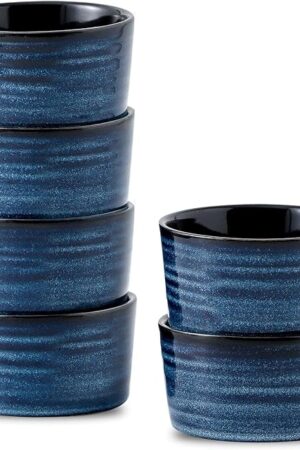 Ceramic 4 oz Ramekins,Small Souffle Dishes Set of 6, Mini Baking Bowls for Kitchen, Porcelain Dipping Sauce Cups for Creme Brulee, Pudding, Ice Cream, Lava Cakes, Microwave & Oven Safe, Blue
