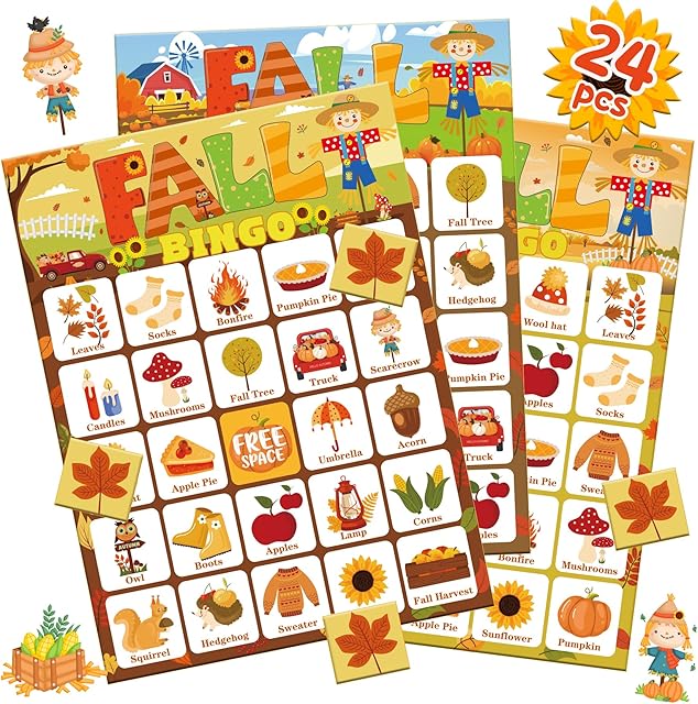 The Fall Bingo Games for Kids Autumn Party Games with 24 Players Cards Harvest Games for Adults Children Outdoor Activities Supplies Favors Decorations