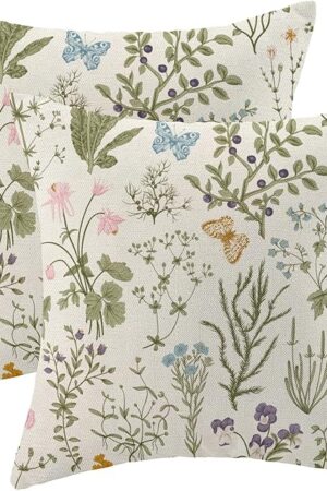 AEIOAE Spring Pillow Covers 18x18 Inch Set of 2,Sage Green Wild Flower Plant Throw Pillows Case,Seasonal Floral Outdoor Decorative Square Linen Farmhouse Decor Cushion Covers for Home Sofa Bed Couch