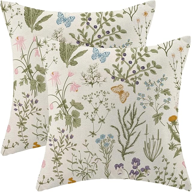 AEIOAE Spring Pillow Covers 18x18 Inch Set of 2,Sage Green Wild Flower Plant Throw Pillows Case,Seasonal Floral Outdoor Decorative Square Linen Farmhouse Decor Cushion Covers for Home Sofa Bed Couch