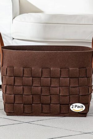 BOLDMONKEY Laundry Basket 15" x13 " x11 " 2 Pack, Large Rectangular Felt Fabric Blanket Basket with Leather Handle, Dirt Clothes Laundry Hamper for Babies, Dogs and Living Room-Brown