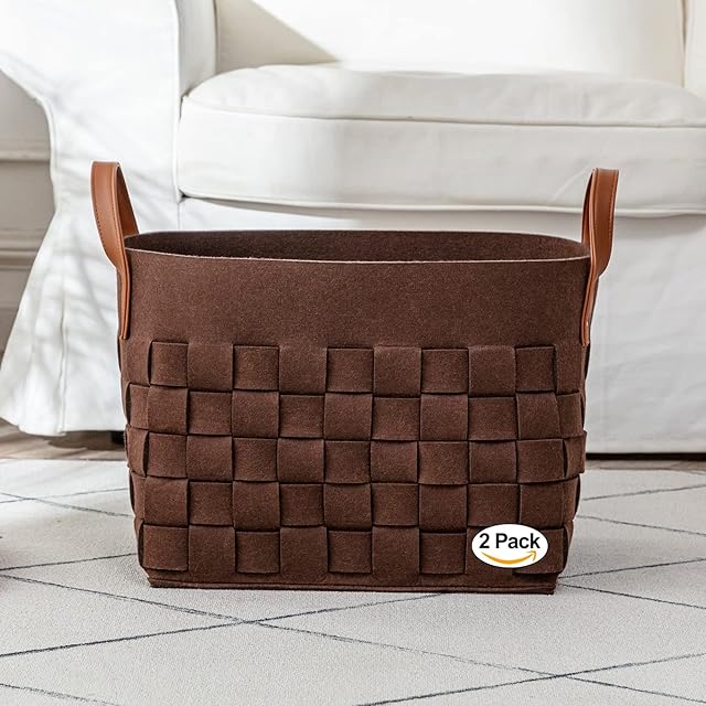 BOLDMONKEY Laundry Basket 15" x13 " x11 " 2 Pack, Large Rectangular Felt Fabric Blanket Basket with Leather Handle, Dirt Clothes Laundry Hamper for Babies, Dogs and Living Room-Brown