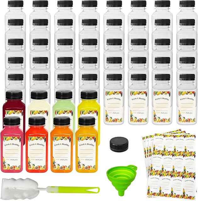 48pcs 8oz Juice Bottles with Caps, Reusable Plastic | Reusable | Beverage Containers | for Juice, Milk and Other Beverages | Bulk