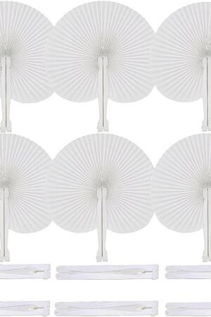 60 Packs Decorative Paper Folding Hand Fans Handheld,White Round Wedding Foldable Fans Chinese and Japanese Fans Bulk for Bridal Guest Church Party Favors Dancing Birthday DIY