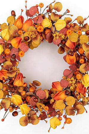 22 Inches Fall Wreaths Rustic Autumn Wreath Farmhouse Harvest Wreaths for Front Door with Berry Pumpkins for Wall Window Porch Decor