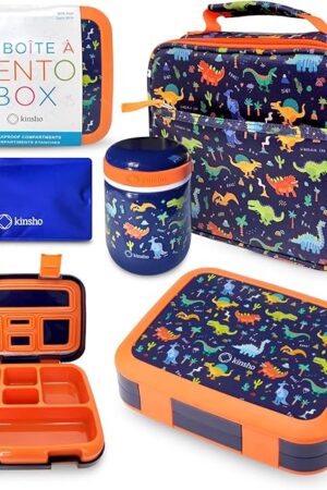 Bento Box with Thermal, Stainless Steel Food Jar for Hot-Cold Food or Soup, Insulated Lunch Bag and Ice Pack Set for Kids or Toddlers. Ages 3 to 7, Blue Dinosaur