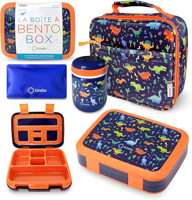 Bento Box with Thermal, Stainless Steel Food Jar for Hot-Cold Food or Soup, Insulated Lunch Bag and Ice Pack Set for Kids or Toddlers. Ages 3 to 7, Blue Dinosaur