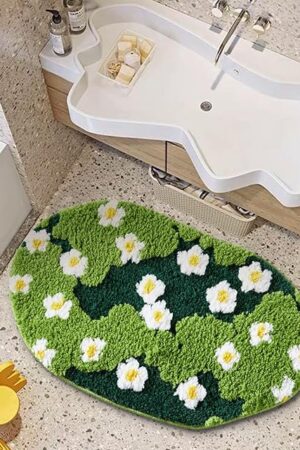 Cute Green Floral Bath Mat Microfiber Moss Bathroom Rug 16''W x 24''L Non Slip Washable, Modern Chic Boho Aesthetic Trendy Shaggy Bathroom Shower Floor Mat Absorbent