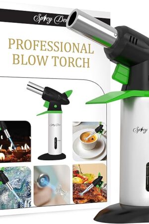 Blow Torch - Creme Brulee Torch - Refillable Professional Chefs Culinary Kitchen Torch with Safety Lock and Adjustable Flame - Micro Butane Torch with Fuel Gauge - Cooking Food Torch