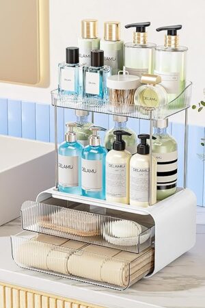 Delamu Bathroom Counter Organizer 2-Drawers 2-Tier Acrylic Makeup Organizer for Vanity Countertop, Skincare Perfume Storage, Easy Assembly, Ideal Gift for Women, Bath Linen Sets, Clear