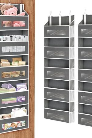 2 Packs 5-Tier Over the Door Storage Organizer with 10 Side Mesh Pockets, 48 lbs Load Capacity, 3 Hooks Design, Hanging Organizer with Clear Windows for Bathroom, Bedroom, Nursery, Kitchen-Grey