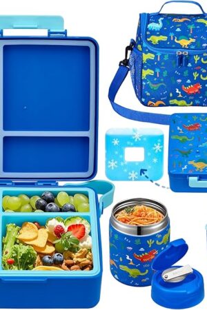 Bento Lunch Box for Kids with 17oz Soup Thermo,Insulated Tumbler Water Bottle and Insulated Lunch Bag,Leak-Proof 3 Compartment Lunch Food Container with with Ice Pack for Kids to School-Dinosaur