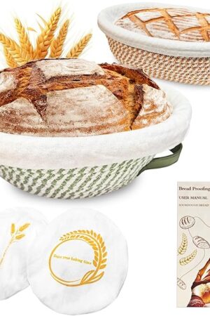 Banneton Bread Proofing Basket Set,Cotton Rope Sourdough Banneton Basket Oval Round, 10 inch Sourdough Bread Baking Supplies with 4 Liners, Handmade Proofing Bowls for Artisan Bakers Starter