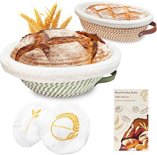 Banneton Bread Proofing Basket Set,Cotton Rope Sourdough Banneton Basket Oval Round, 10 inch Sourdough Bread Baking Supplies with 4 Liners, Handmade Proofing Bowls for Artisan Bakers Starter