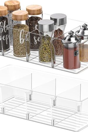 BALEINE Pantry Organizers and Storage Bins, Plastic Clear Storage Bins with 3 Removable Dividers, BPA-Free Fridge Organizers for Kitchen Cabinet Bathroom (10.5x6.1x3.5, 2PK)