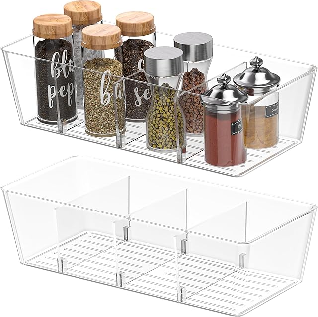 BALEINE Pantry Organizers and Storage Bins, Plastic Clear Storage Bins with 3 Removable Dividers, BPA-Free Fridge Organizers for Kitchen Cabinet Bathroom (10.5x6.1x3.5, 2PK)