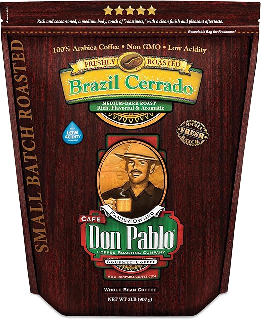 2LB Don Pablo Gourmet Coffee - Brazil Cerrado - Medium Dark Roast - Whole Bean Coffee - 100% Arabica Beans - Low Acidity and Non-GMO - 2lb bag