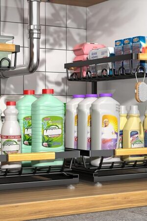 2 Packs Under Sink Organizer, High Adjustable 2 Tier Under Kitchen sink organizer, Multi-Purpose Storage Shelf for Kitchen Bathroom Cabinet, Black (Black)