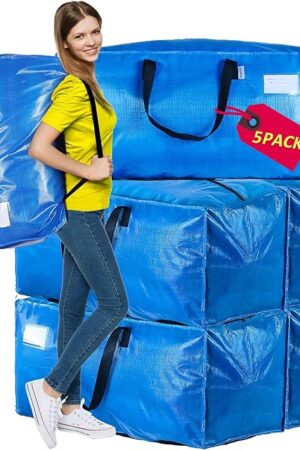AlexHome Heavy Duty,Extra Large Packing Bags for Moving,Reusable Plastic Moving Totes,Clothes Storage Containers,Moving Supplies Bins,Compatible with Ikea Frakta Cart (Blue,Set of 5)